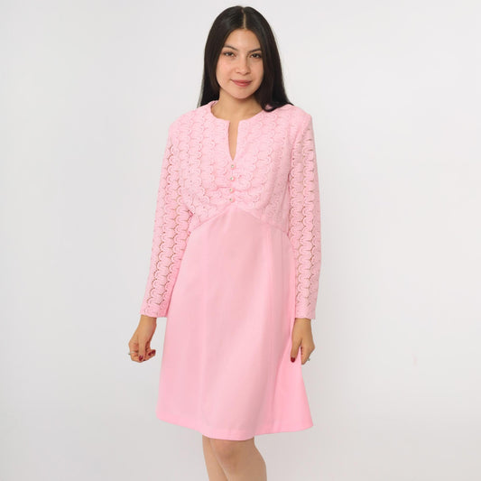 70s Baby Pink Lace Mini Dress Rhinestone Buttons High Waist Long Sleeve Medium M