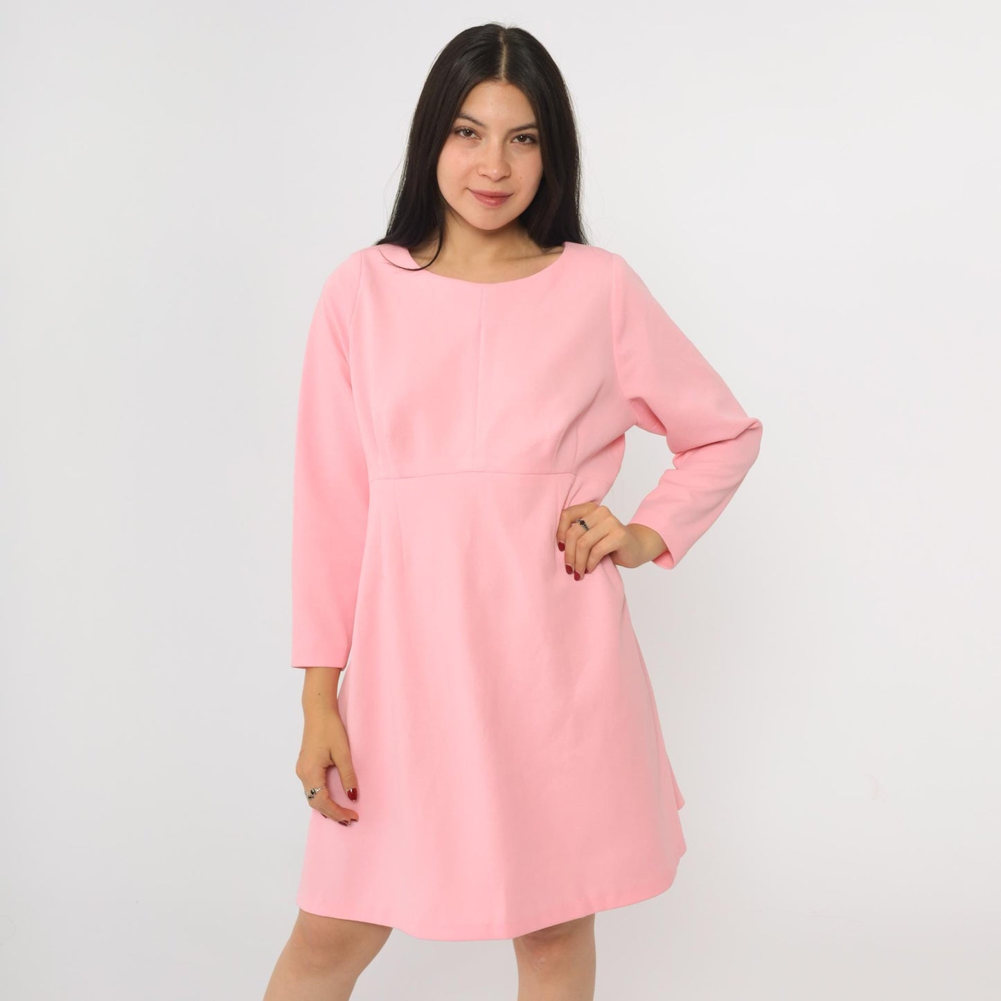 70s Pink Empire Waist Mini Dress Long Sleeve Flared Skirt Medium M