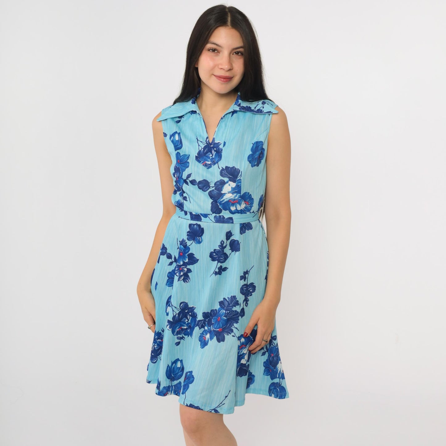 70s Mod Floral Mini Dress Two-Tone Blue A-Line Shift Sleeveless Small