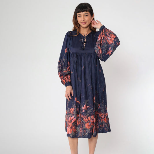 70s Phool Silk Dress Navy Blue Floral Block Print Empire Waist Midi Small