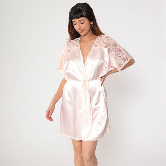 80s Baby Pink Satin Pajama Robe Lace Trim Wrap Belted Mini Medium