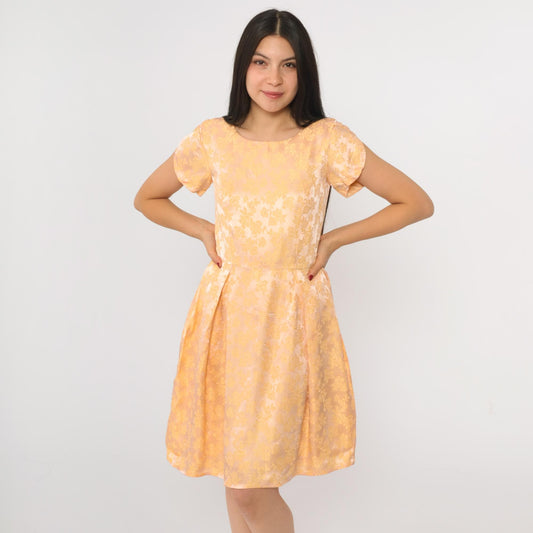 1960s Peach Yellow Floral Jacquard Party Dress Tulip Sleeve Mini Extra Small