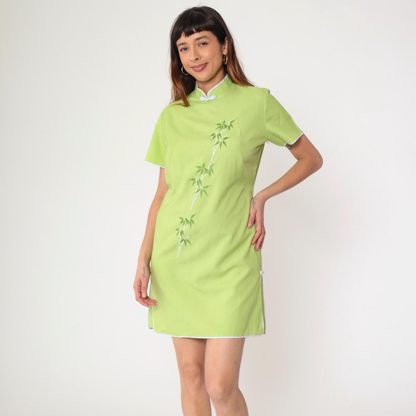 90s Lime Green Bamboo Embroidered Cheongsam Mini Dress Mandarin Collar Medium M
