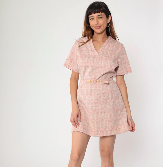 70s Mod Mini Dress Pink Checkered Shift V-Neck Belted Short Sleeve Medium M