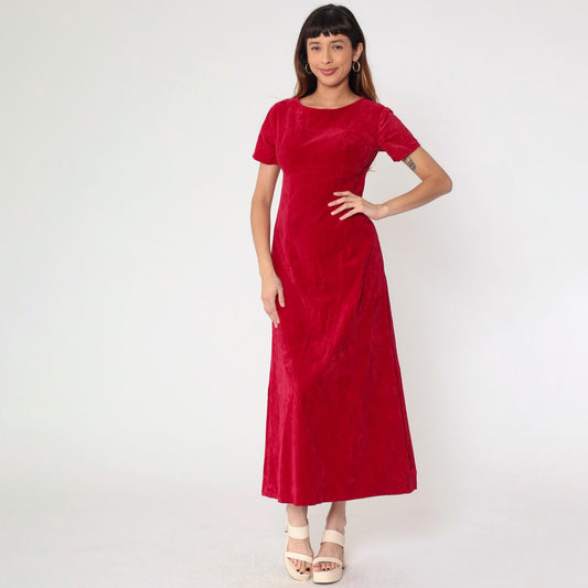 60s Red Velvet Maxi Dress Empire Waist Short Sleeve Small
