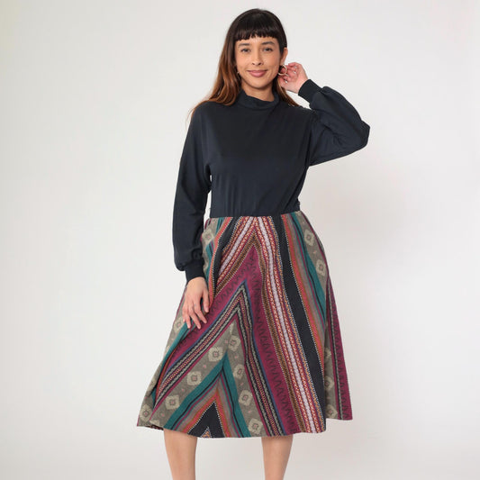 80s Orvis Chevron Stripe Midi Dress Mock Neck Long Sleeve Black Bodice Small