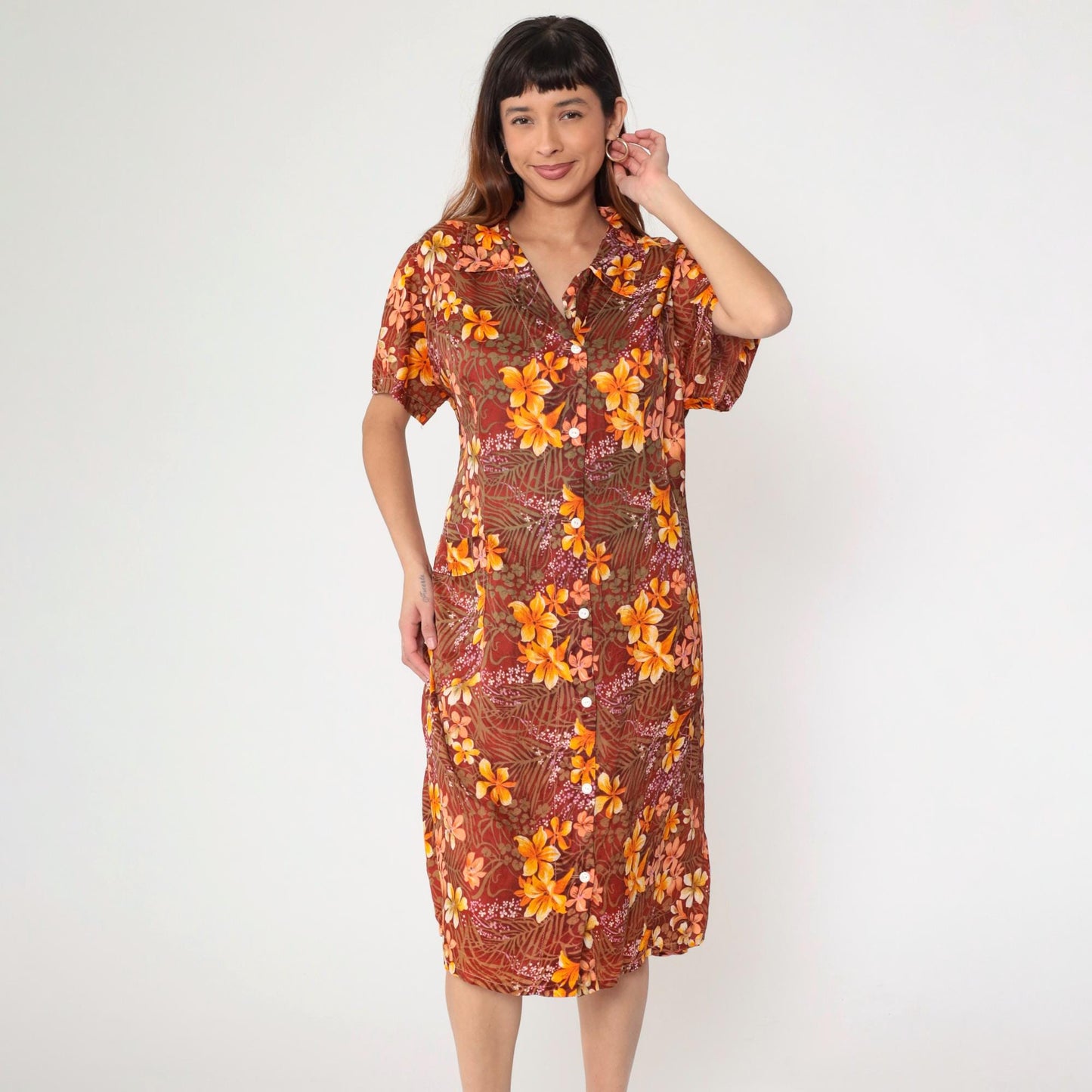 70s Floral Hawaiian Shift Dress Orange Tropical Button-Up Midi Extra Large