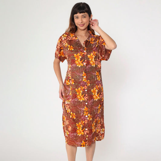 70s Floral Hawaiian Shift Dress Orange Tropical Button-Up Midi Extra Large