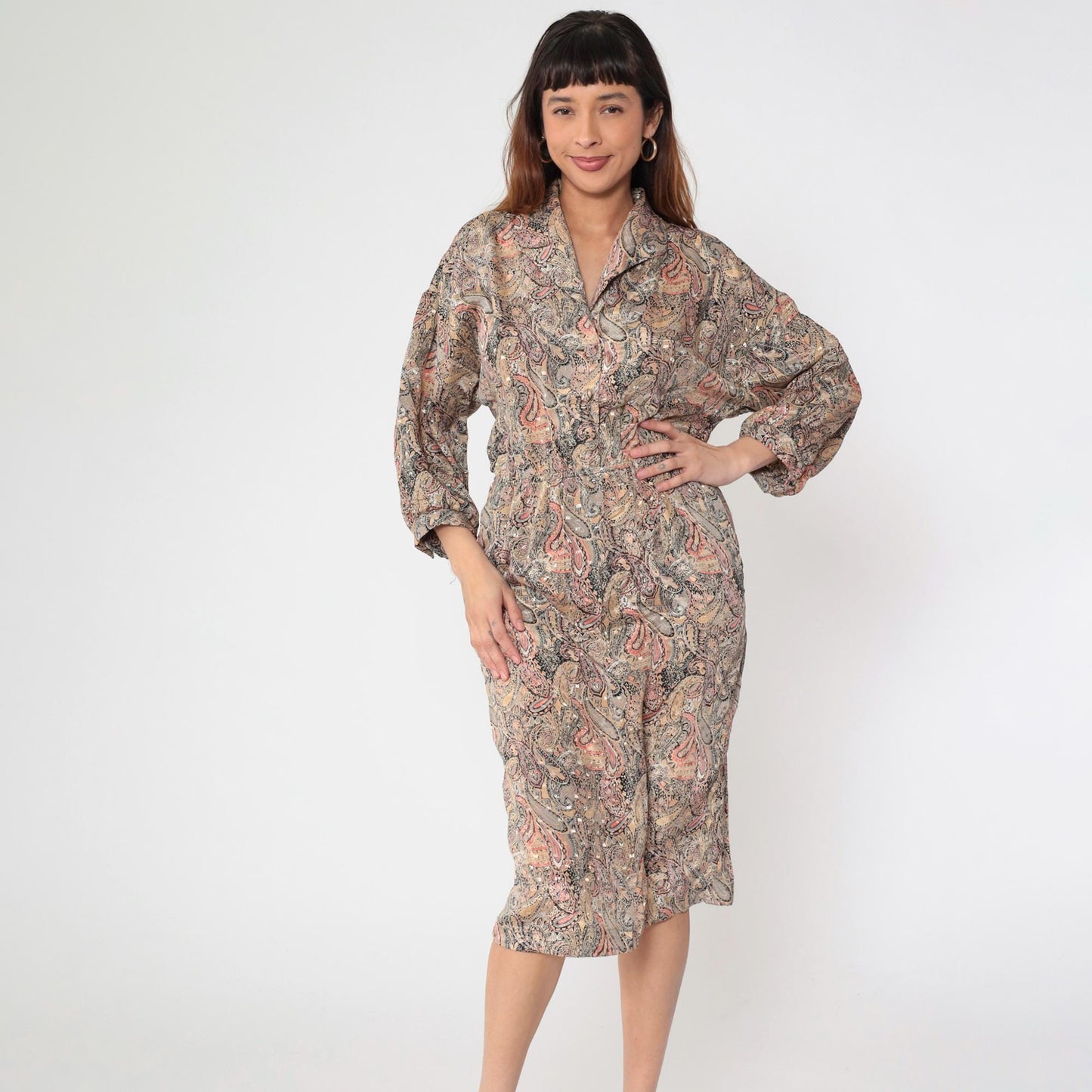 80s The Jones Girl Paisley Midi Dress High Waist Button Up Beige Medium