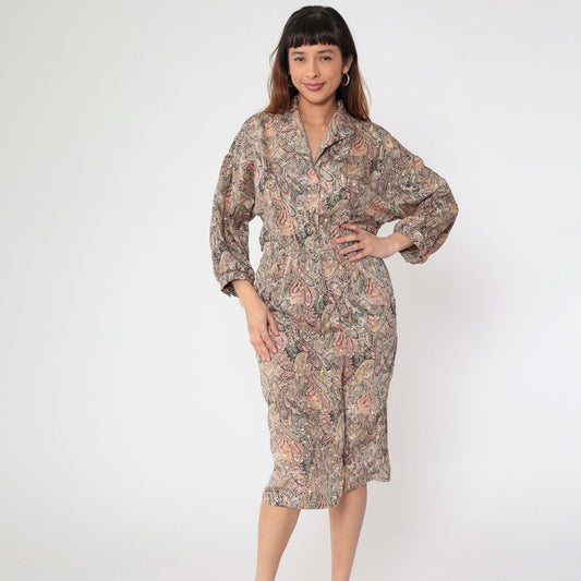 80s The Jones Girl Paisley Midi Dress High Waist Button Up Beige Medium