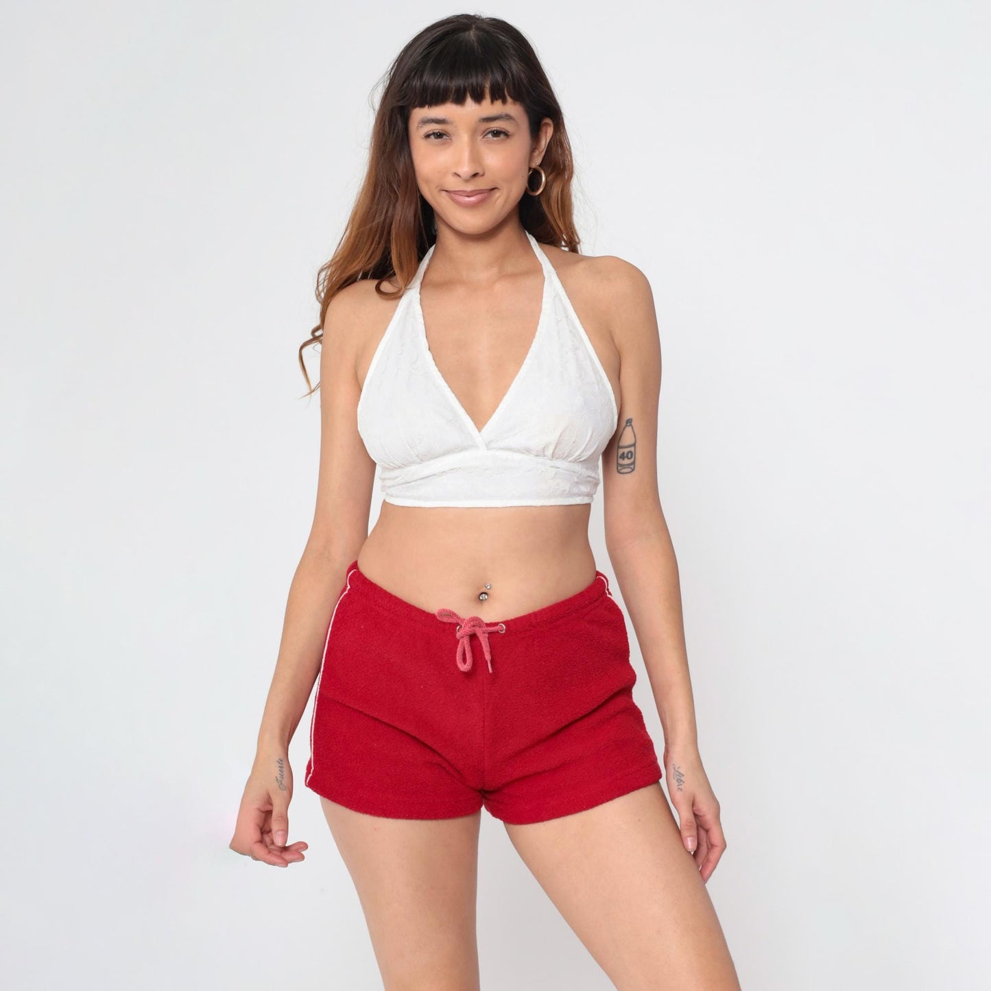 Y2K Red Terry Cloth Shorts White Striped Drawstring Small
