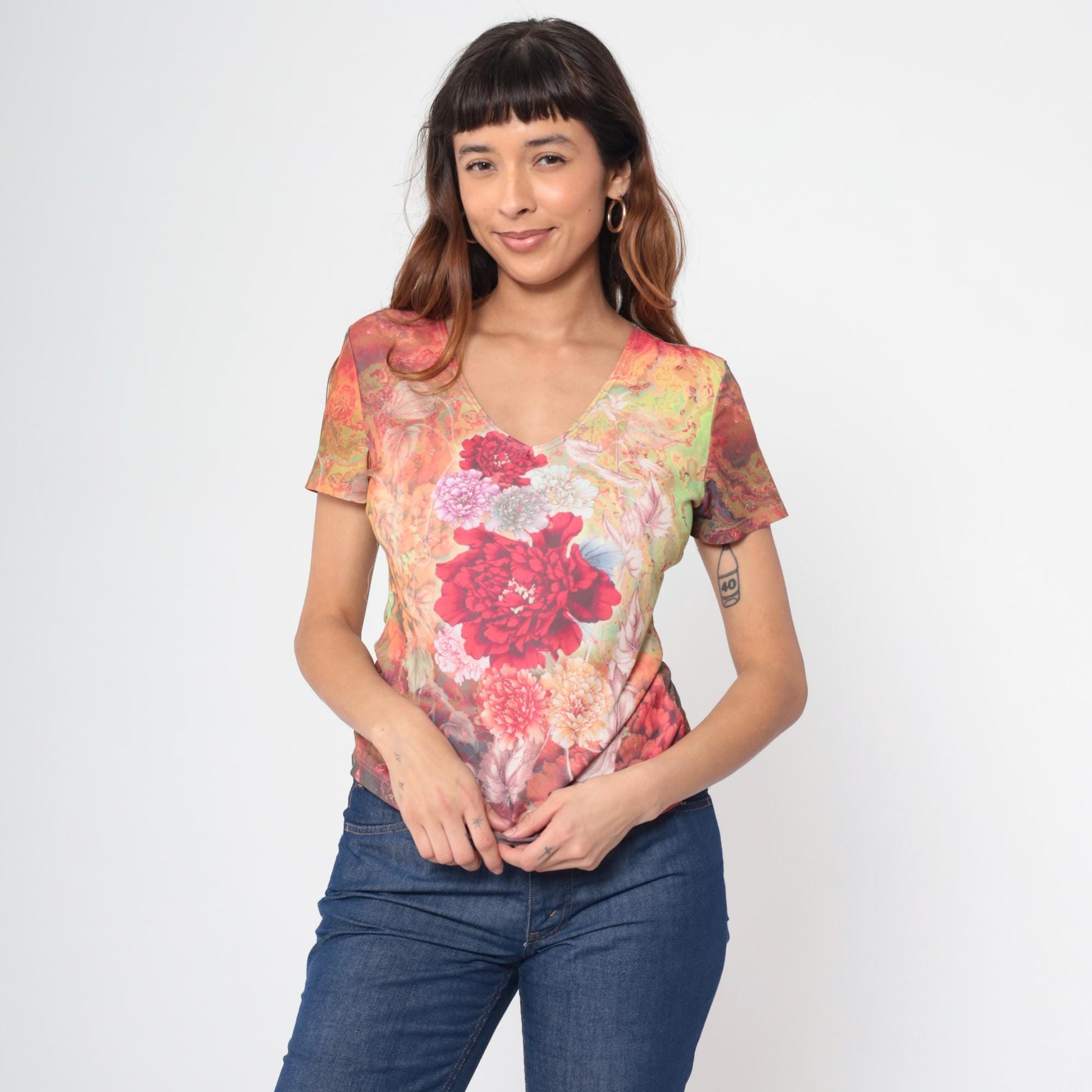 Y2K Floral Graphic V-Neck Blouse Short Sleeve Fitted Top Medium M
