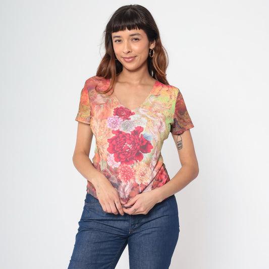 Y2K Floral Graphic V-Neck Blouse Short Sleeve Fitted Top Medium M