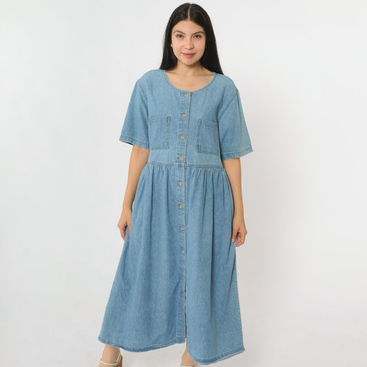 90s Mizz Lizz Blue Denim Midi Shirtdress Gathered Waist Medium M