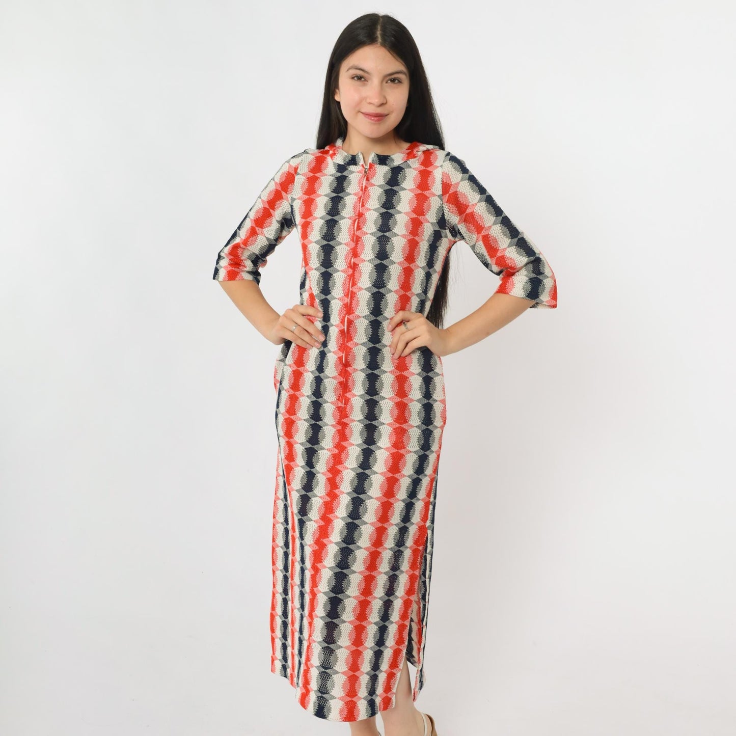 70s Mod Op Art Zip Dress Red Navy White Hooded Midi Cutout Small