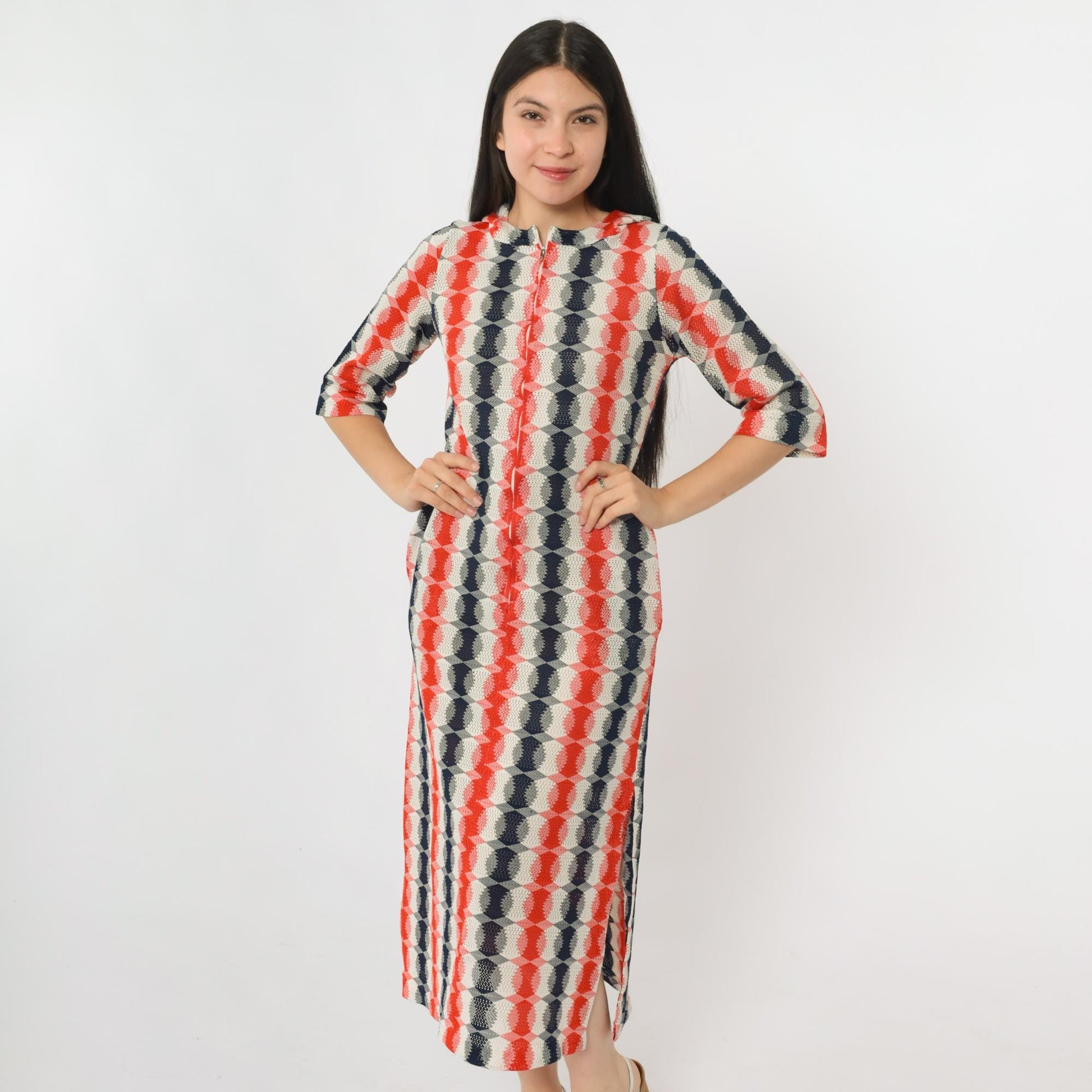 70s Mod Op Art Zip Dress Red Navy White Hooded Midi Cutout Small