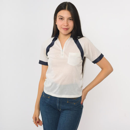 80s Bardor White Polo Shirt Navy Striped Quarter Zip Short Sleeve XXS