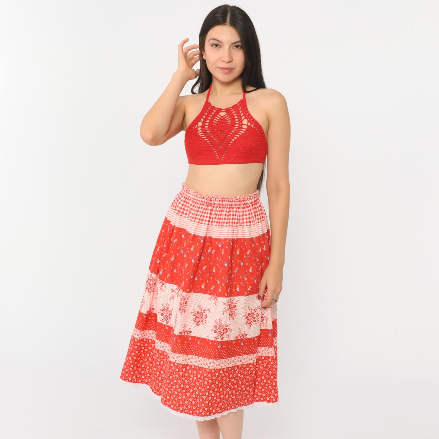 70s Red Floral Gingham Tiered Midi Skirt Elastic Waist Eyelet Lace Small Medium