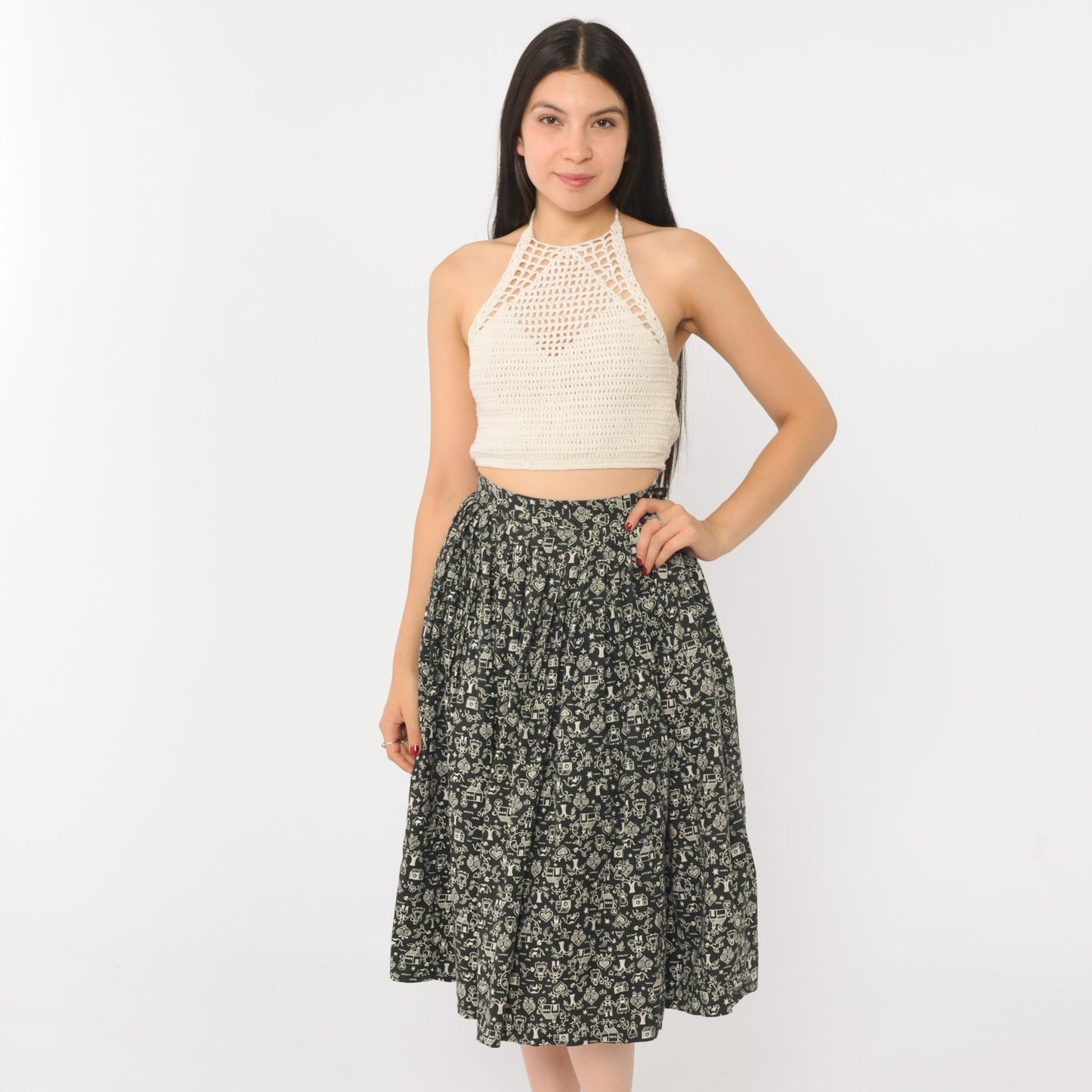 1960s Austrian Folk Circle Skirt Black Cotton Cream Tyrolean Print XS
