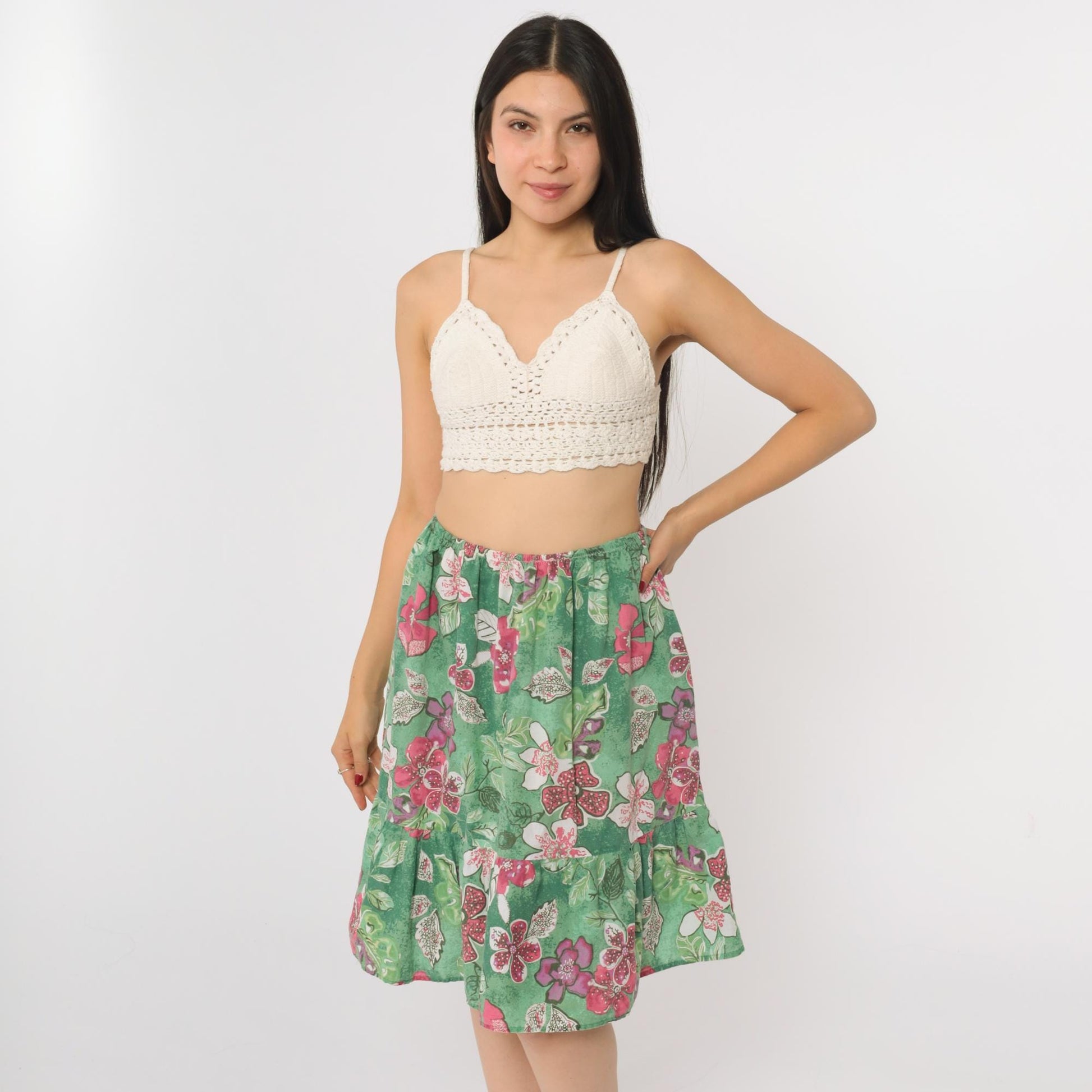80s Green Floral Tiered Skirt High Waist Pink Print Knee Length Small Medium