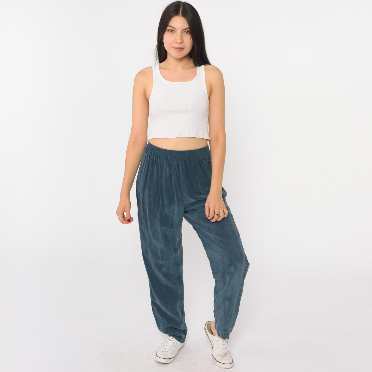 90s Nina Piccalino Blue Rayon High-Waist Tapered Trousers Medium 8
