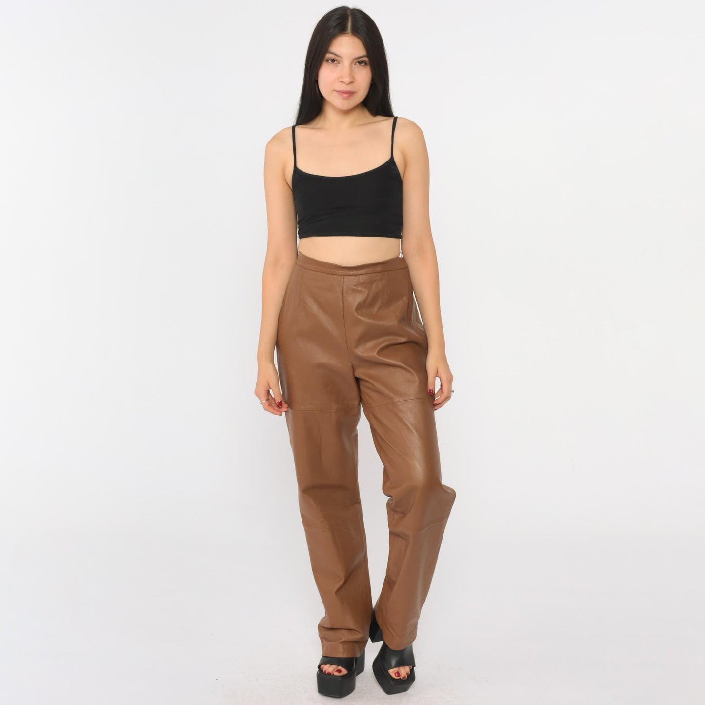 90s Terry Lewis Brown Leather Pants High Waist Straight Leg Medium