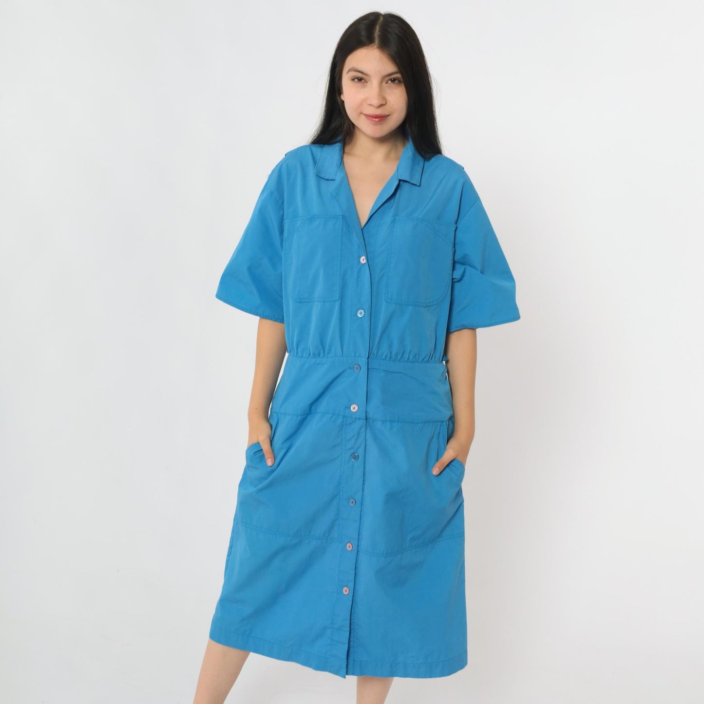 80s Blue Midi Shirt Dress Chest Pockets Half Sleeve Collared Medium