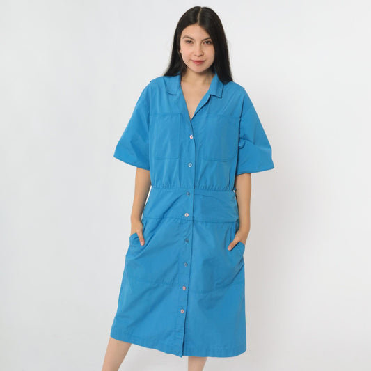 80s Blue Midi Shirt Dress Chest Pockets Half Sleeve Collared Medium