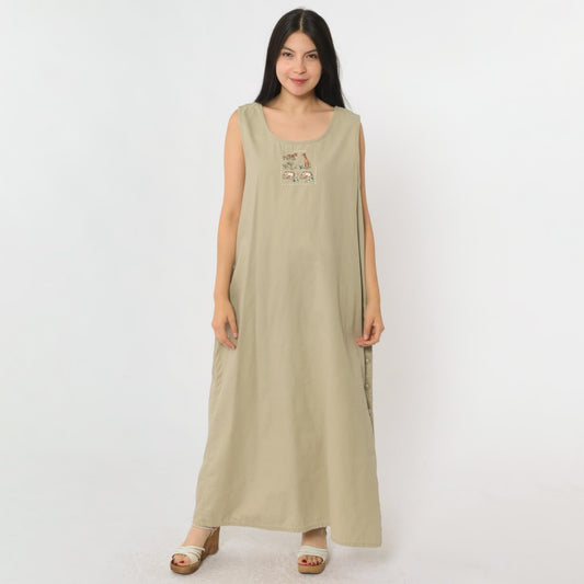 90s Safari Jumper Dress Khaki Embroidered Animals Maxi Sleeveless Extra Large XXL