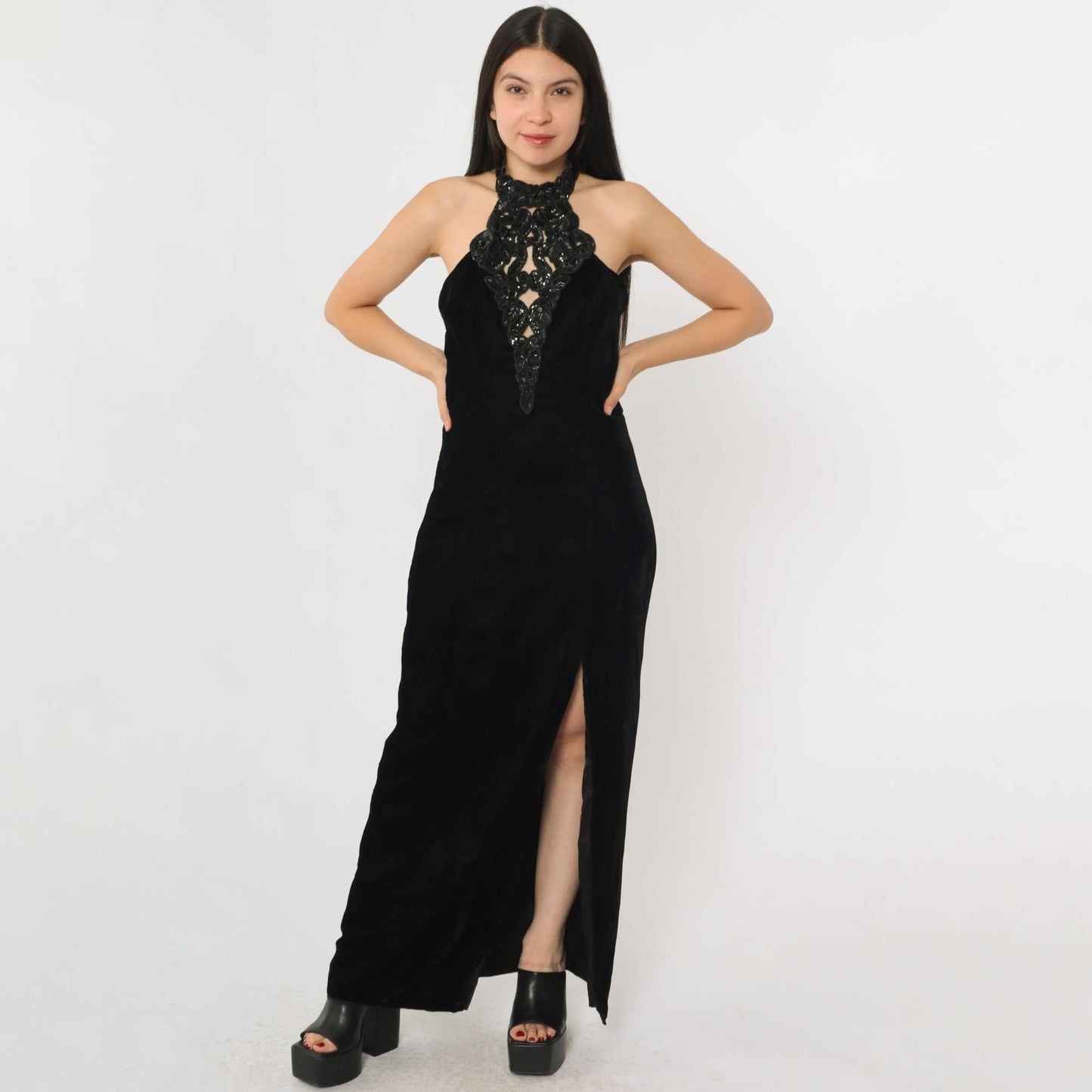 90s Hugo Buscati Milano Black Velvet Beaded Halter Maxi Dress Open Back Small