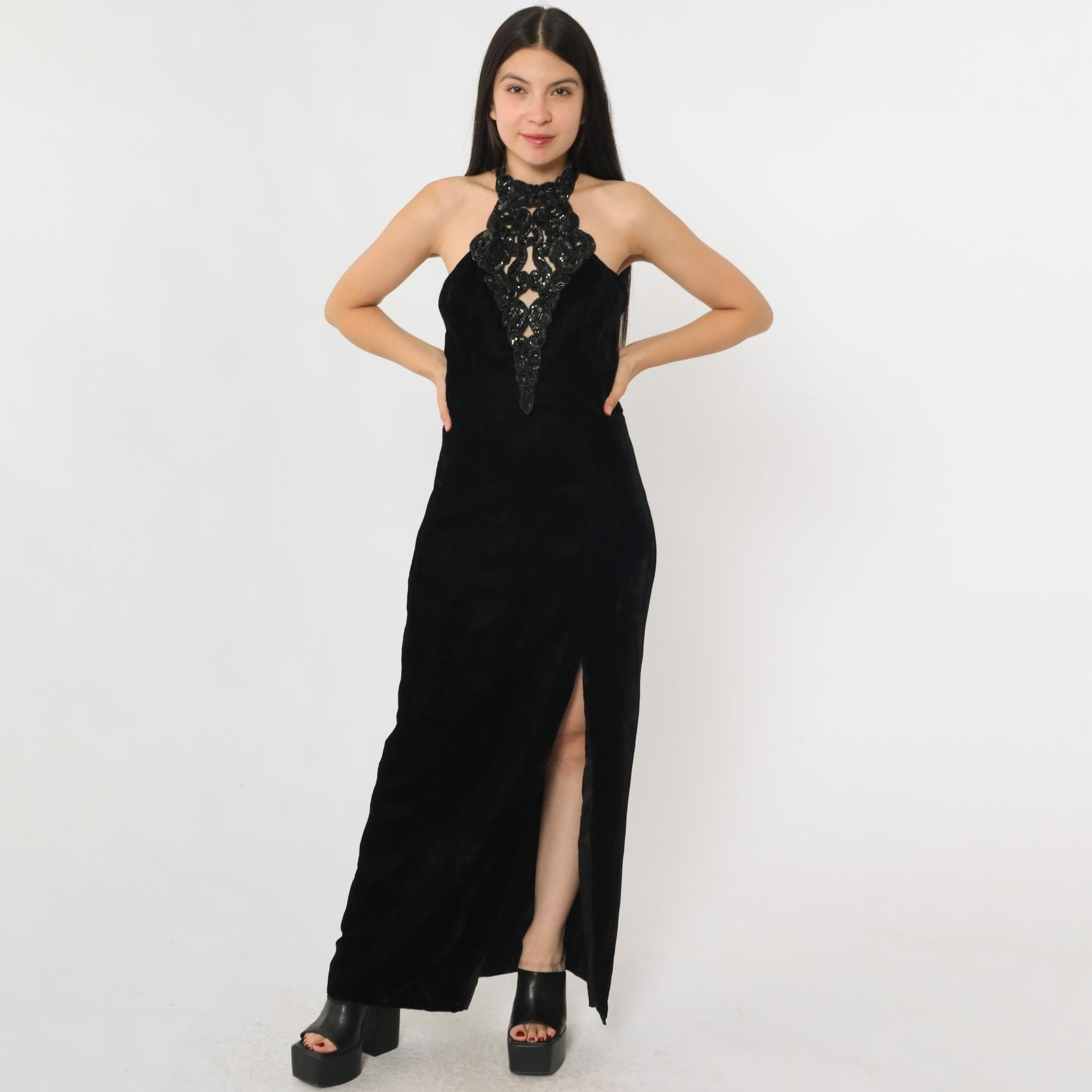 90s Hugo Buscati Milano Black Velvet Beaded Halter Maxi Dress Open Back Small