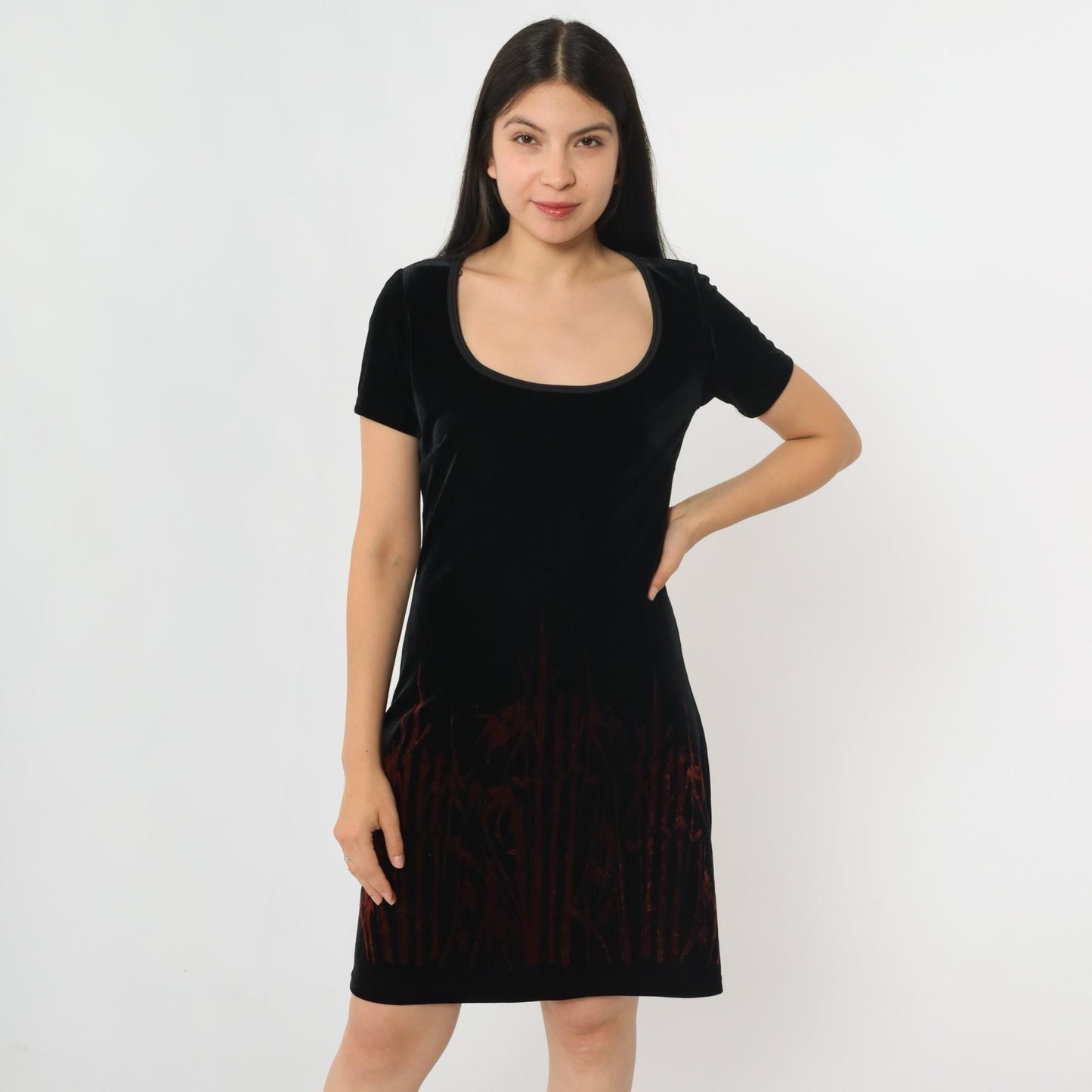 90s Groove USA Black Velvet Mini Dress Bamboo Print Scoop Neck Medium M