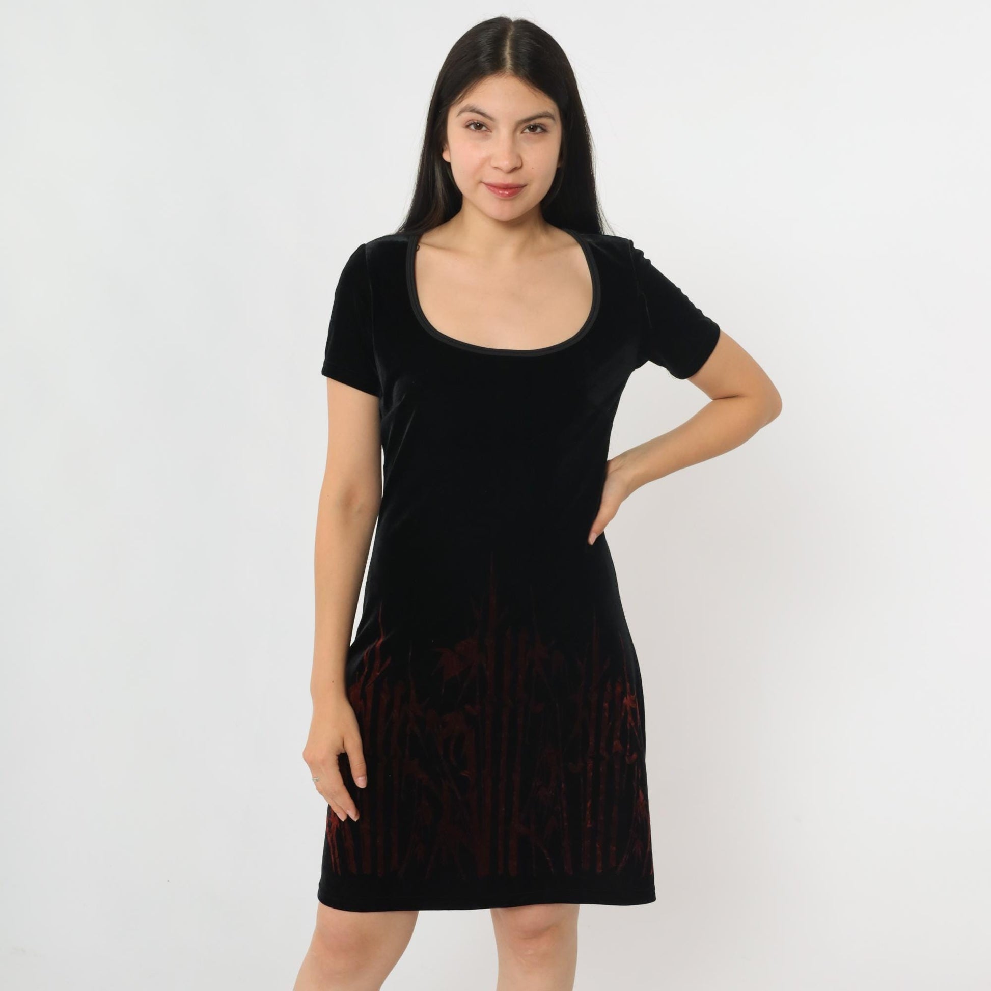 90s Groove USA Black Velvet Mini Dress Bamboo Print Scoop Neck Medium M