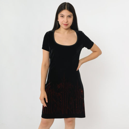 90s Groove USA Black Velvet Mini Dress Bamboo Print Scoop Neck Medium M
