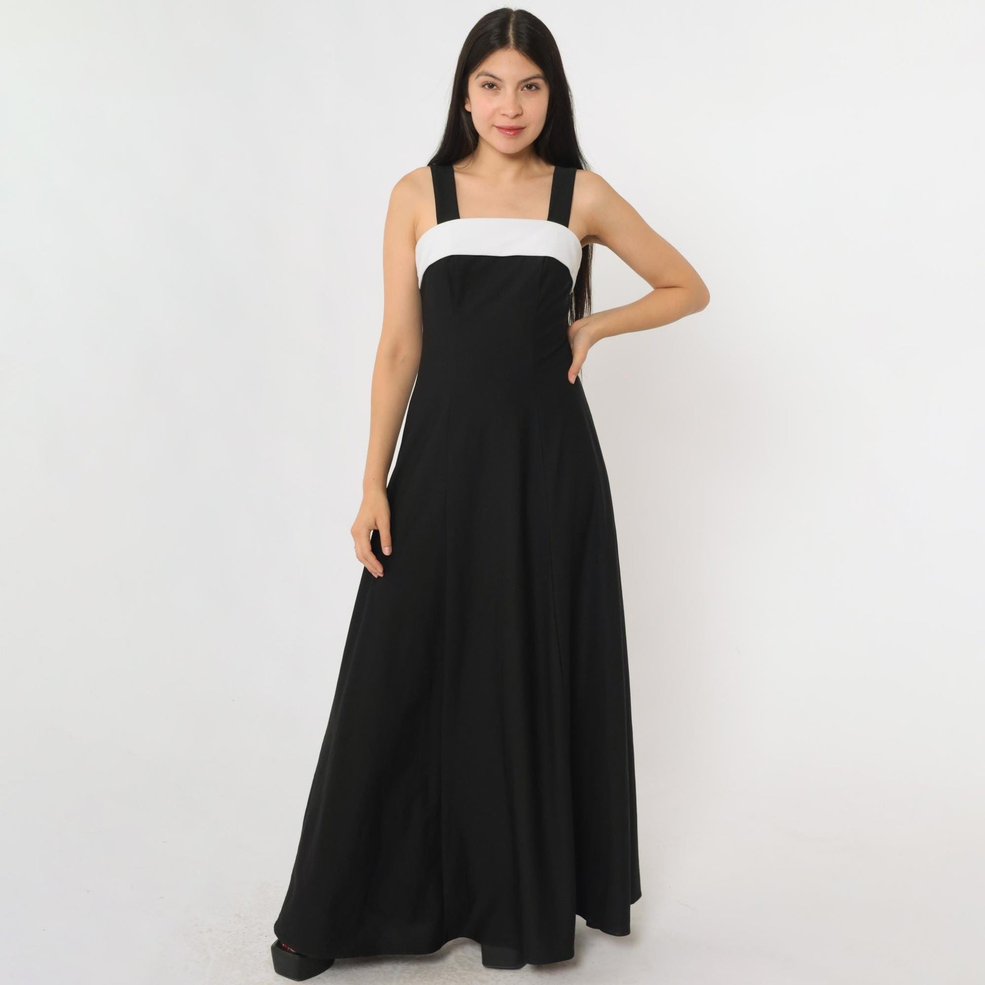 Y2K Black Maxi Dress White Chest Panel Square Neck Sleeveless Extra Small