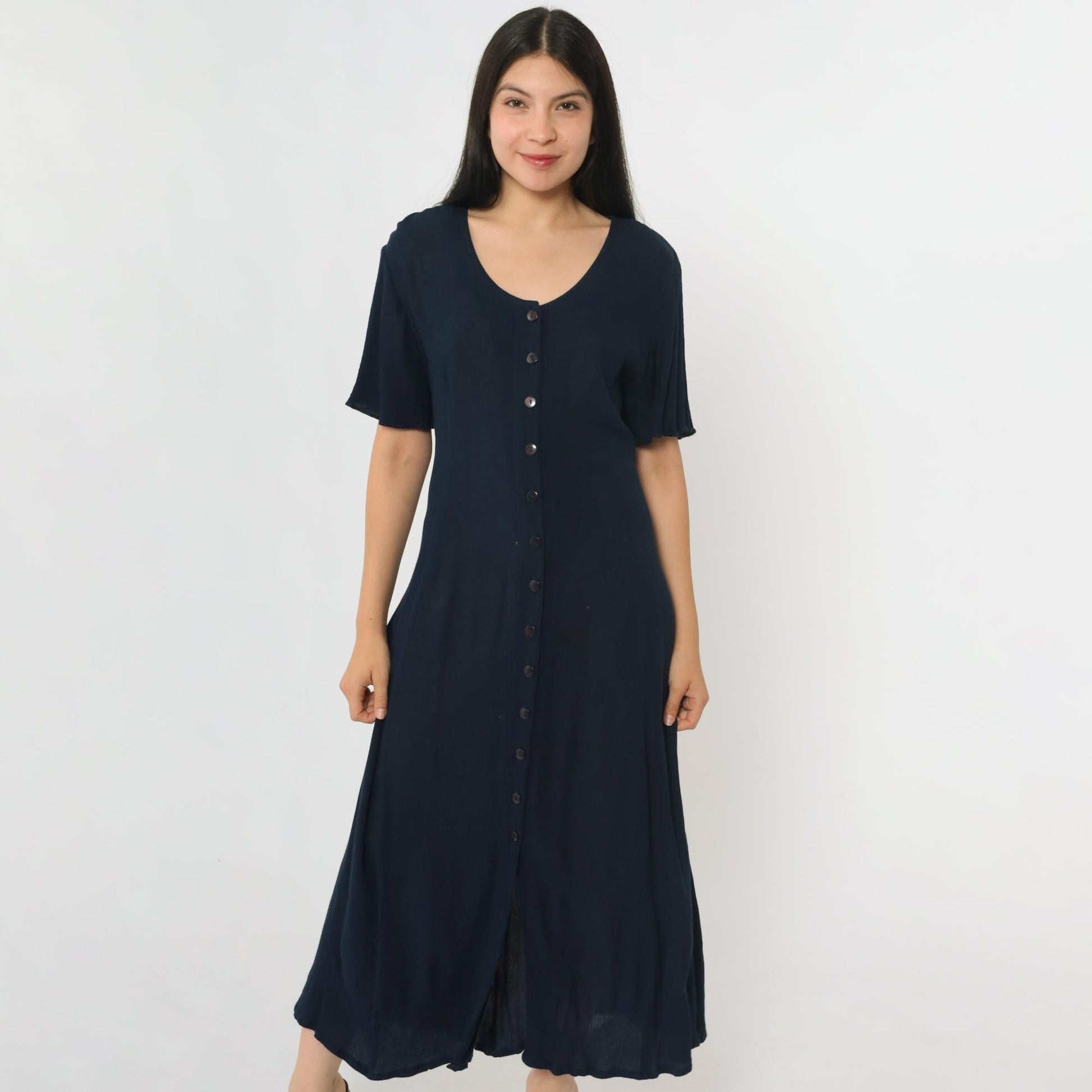 90s Navy Crinkled Rayon Button-Up Shirtdress Ankle Length Medium