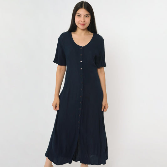 90s Navy Crinkled Rayon Button-Up Shirtdress Ankle Length Medium