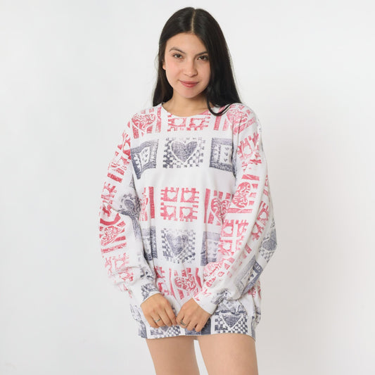 90s Heart Block Print Sweatshirt White Crewneck Pullover Extra Large XXL