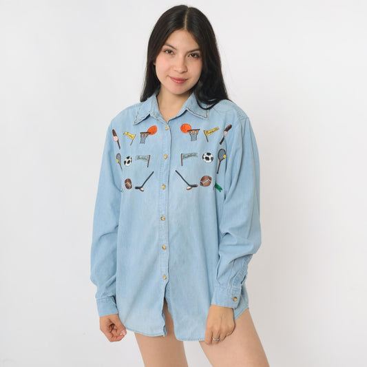 90s Westbound Denim Button Up Shirt Embroidered Sports Design Blue Medium M