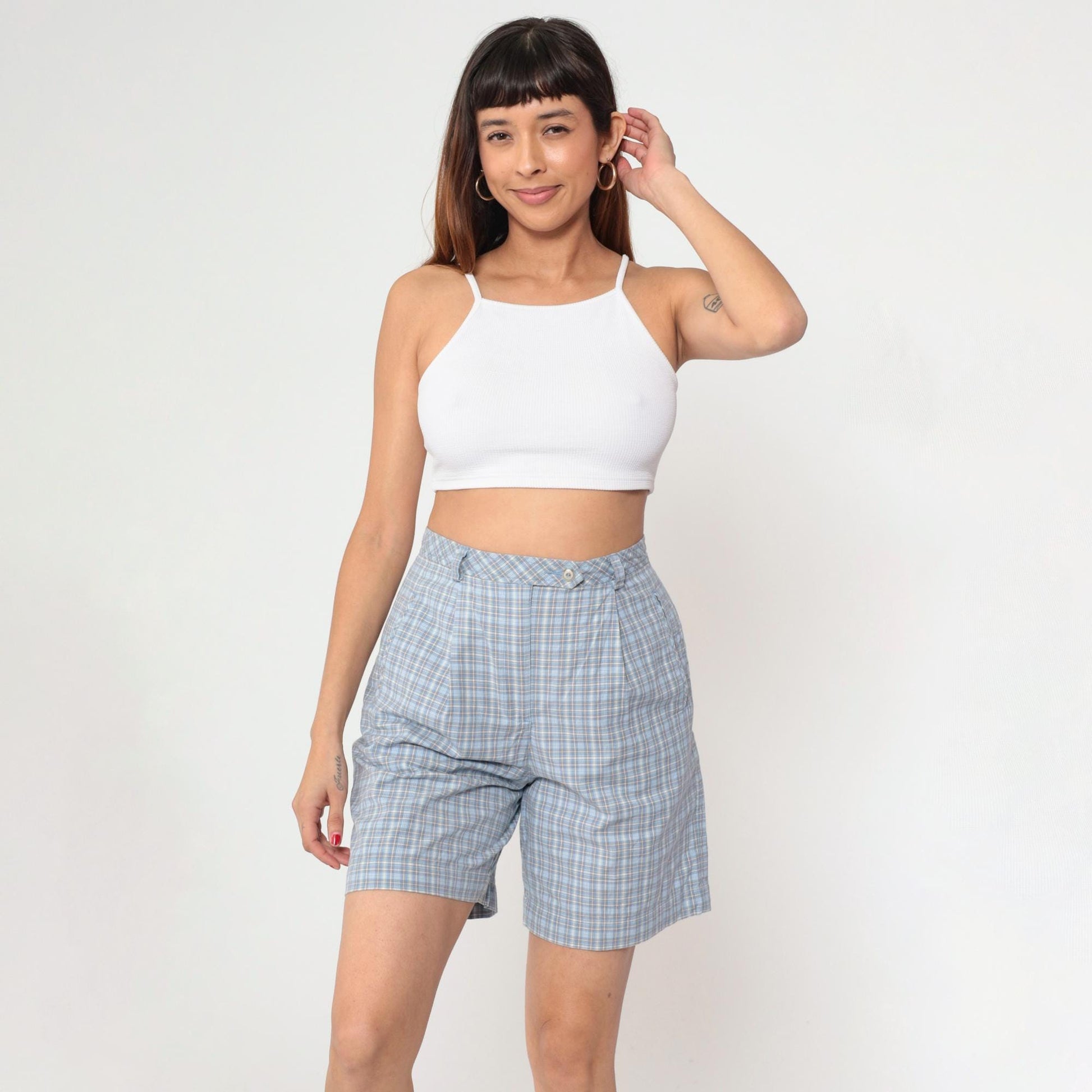 90s Liz Golf Plaid Shorts Light Blue High Waisted Pleated Small