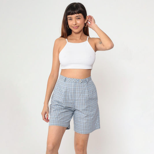 90s Liz Golf Plaid Shorts Light Blue High Waisted Pleated Small