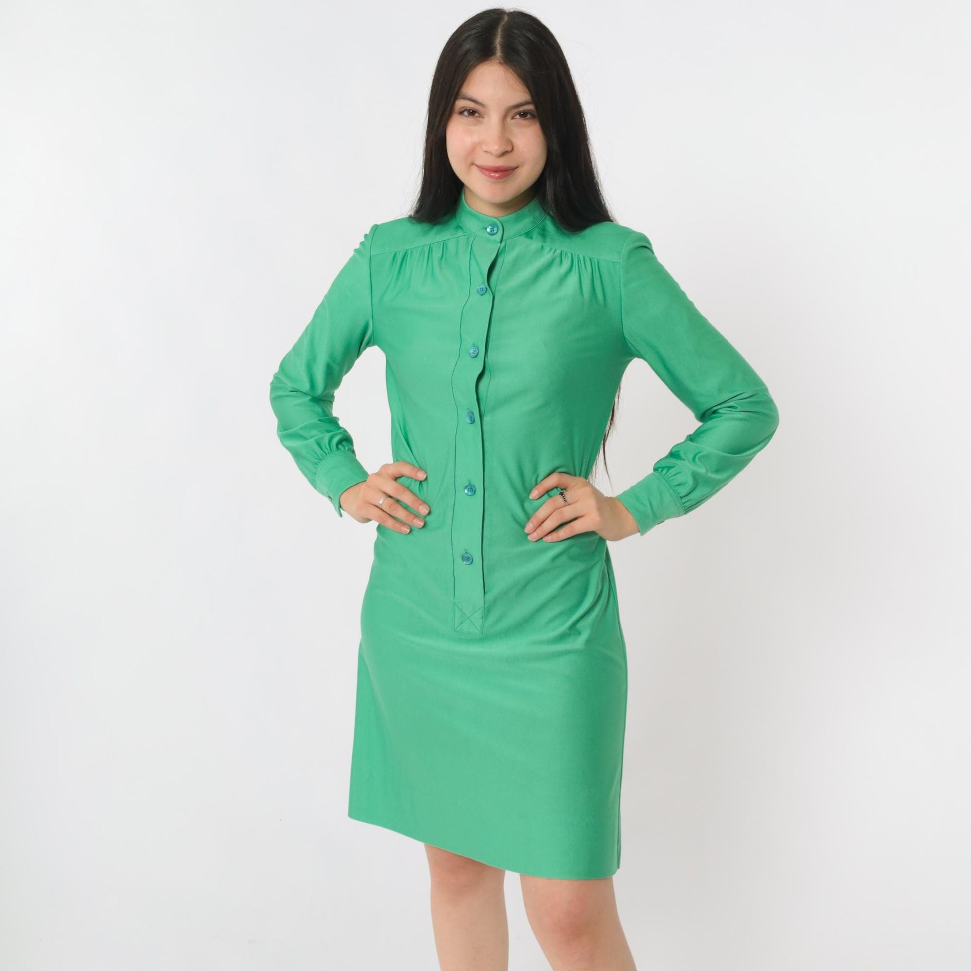 70s Green Mini Shift Dress Button-Up Long Sleeve High Neck Extra Small