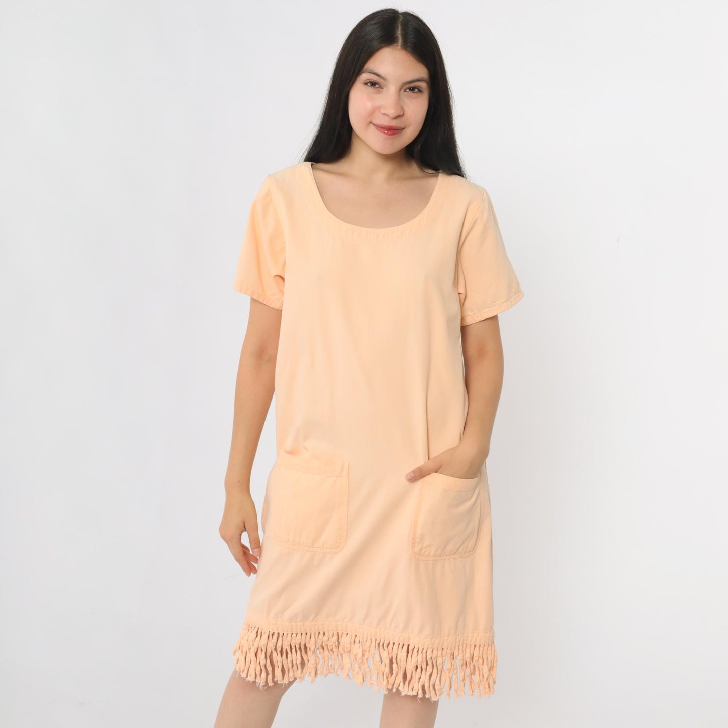 90s Peach Fringe Mini Shift Dress Cotton Short Sleeve Pockets Small S