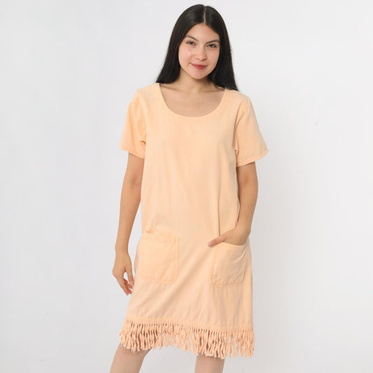 90s Peach Fringe Mini Shift Dress Cotton Short Sleeve Pockets Small S