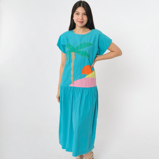 80s Turquoise Tropical Palm Tree Midi Dress Keyhole Back Drop Waist Small