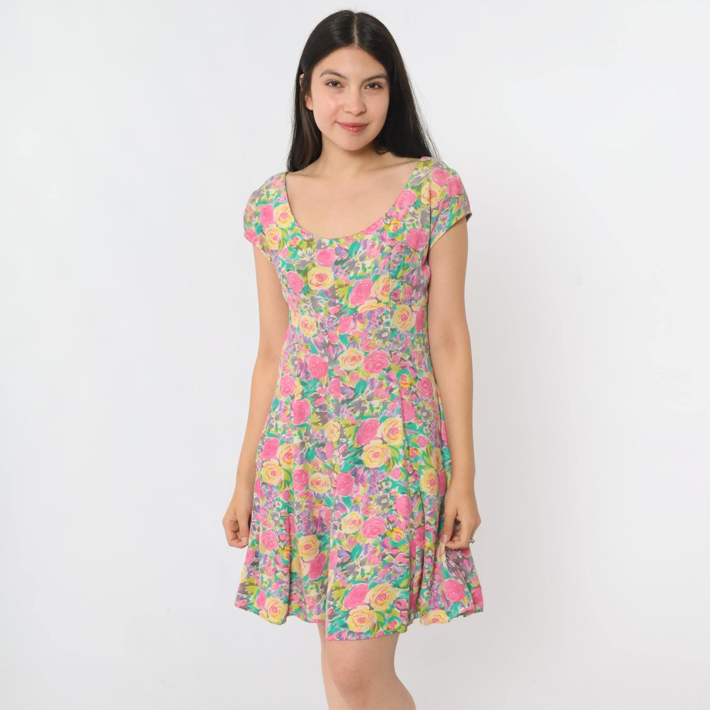 90s Paris Blues Floral Mini Dress Empire Waist Fit Flare Pink Blue Small