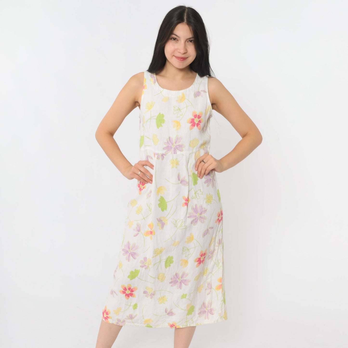 90s White Floral Linen Midi Dress Sleeveless High Waist Small 4