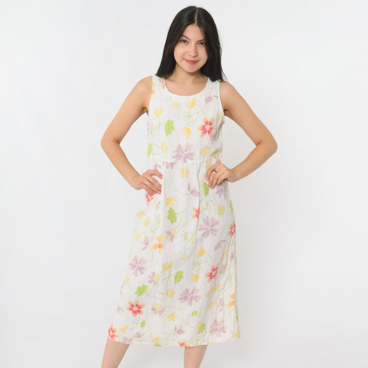 90s White Floral Linen Midi Dress Sleeveless High Waist Small 4