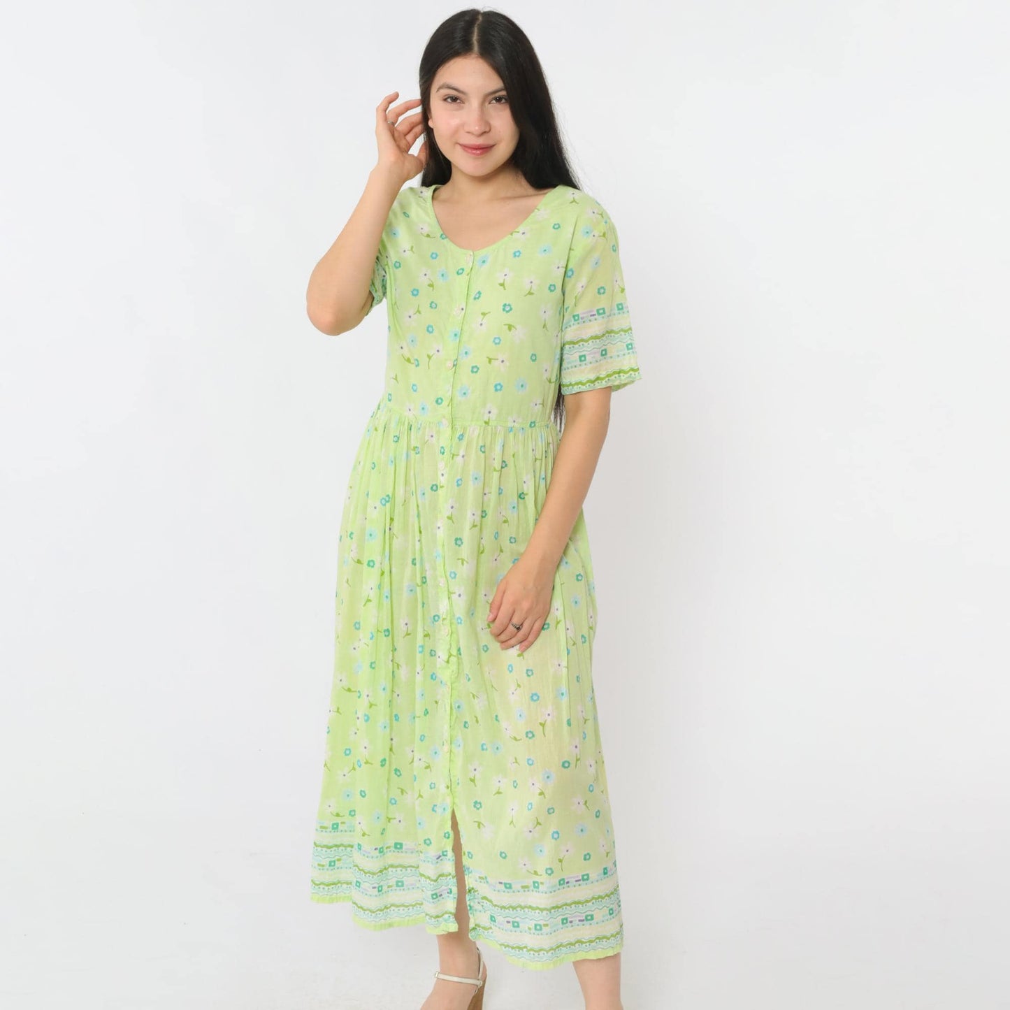 90s La Cera Lime Green Floral Midi Dress Cotton Button-Up High Waist Large