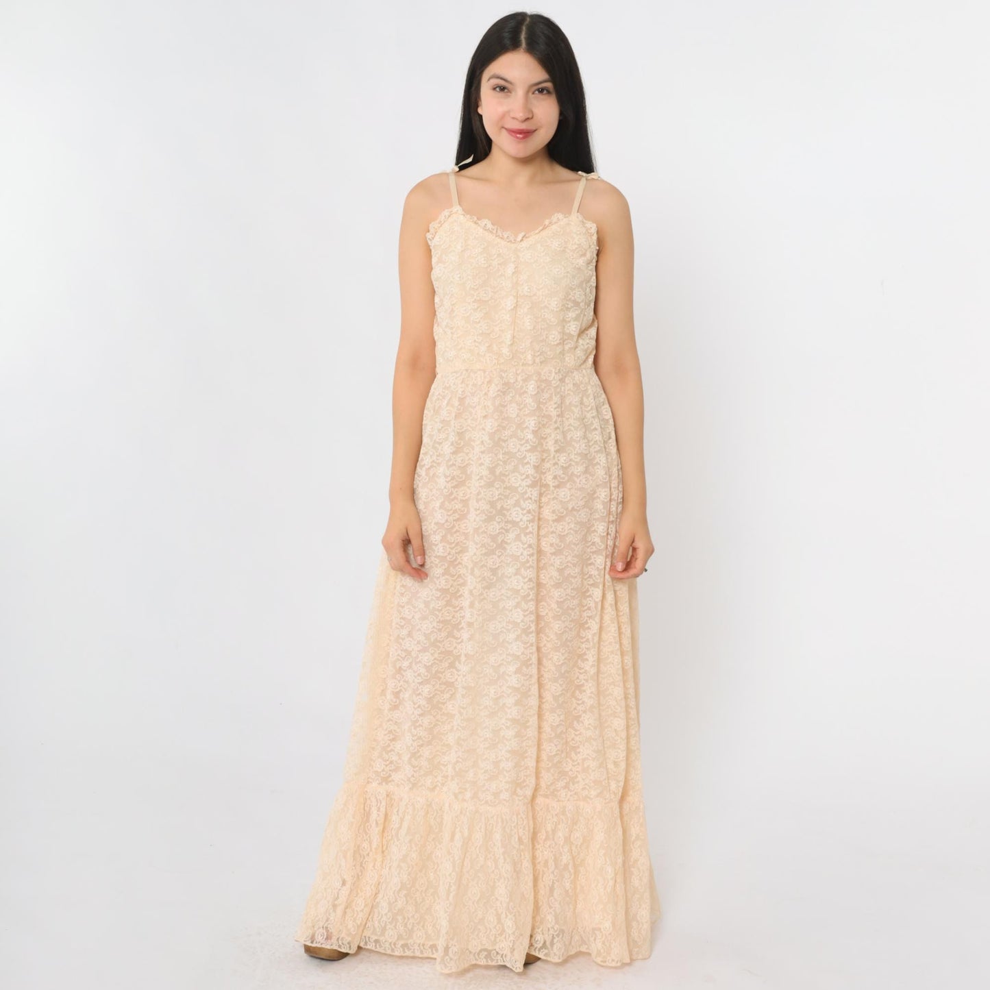 70s Peach Lace Maxi Dress Sweetheart Neckline Spaghetti Strap Small
